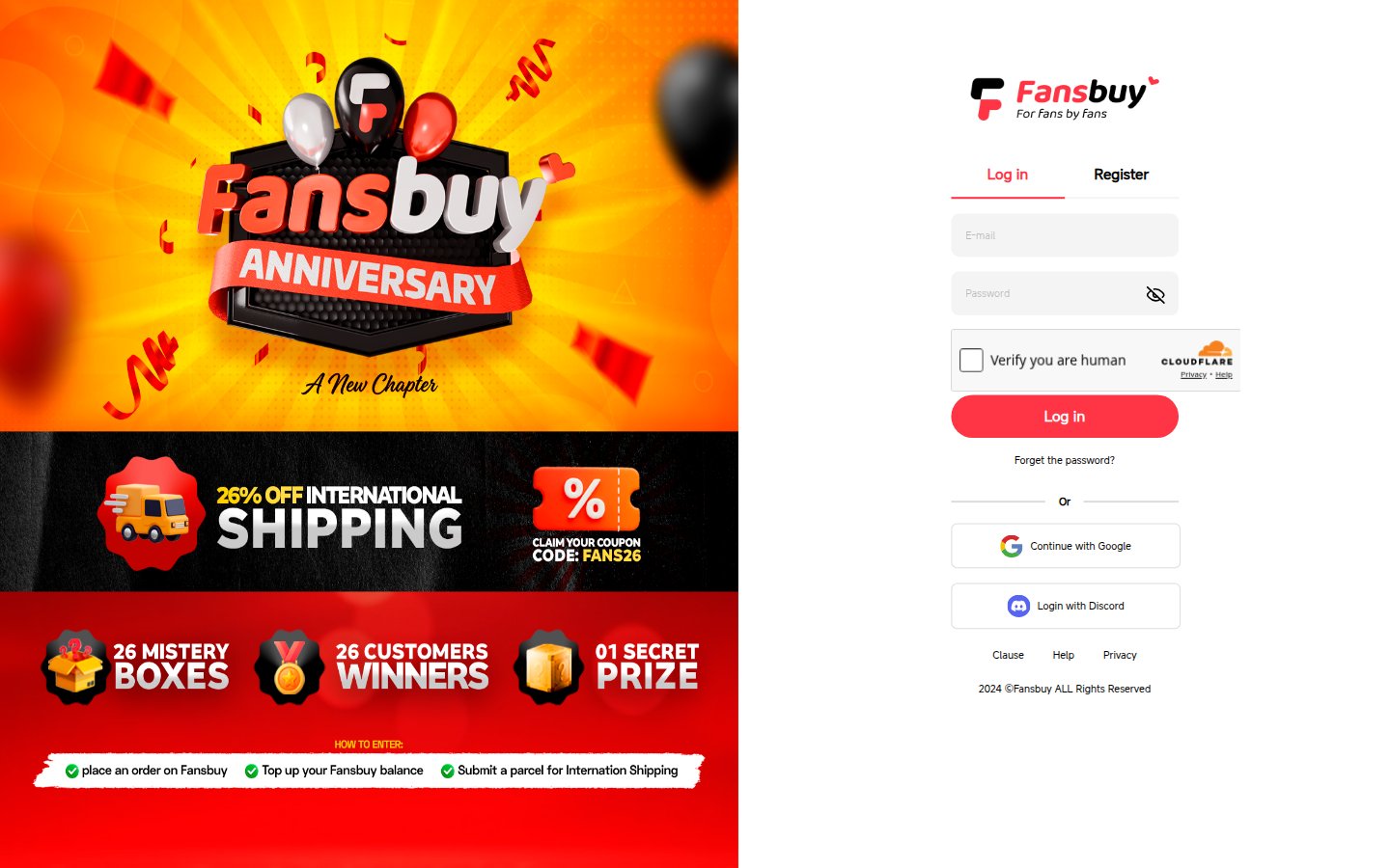 FansBuy DIY Order öffnete Sign In / Register unter /login?redirect=/order/manual