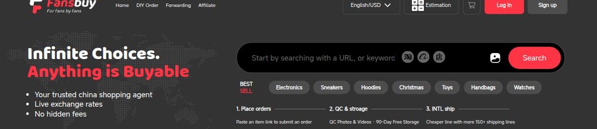 Offizielle FansBuy-Paste-Leiste: Goods/shop's link or name und die drei Schritte darunter